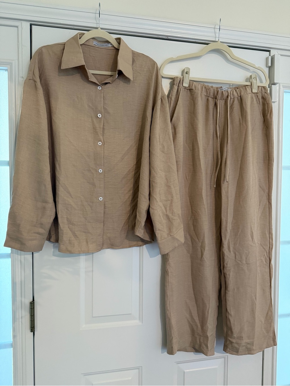 Woven Shirt & Drawstring Pants Set in Taupe